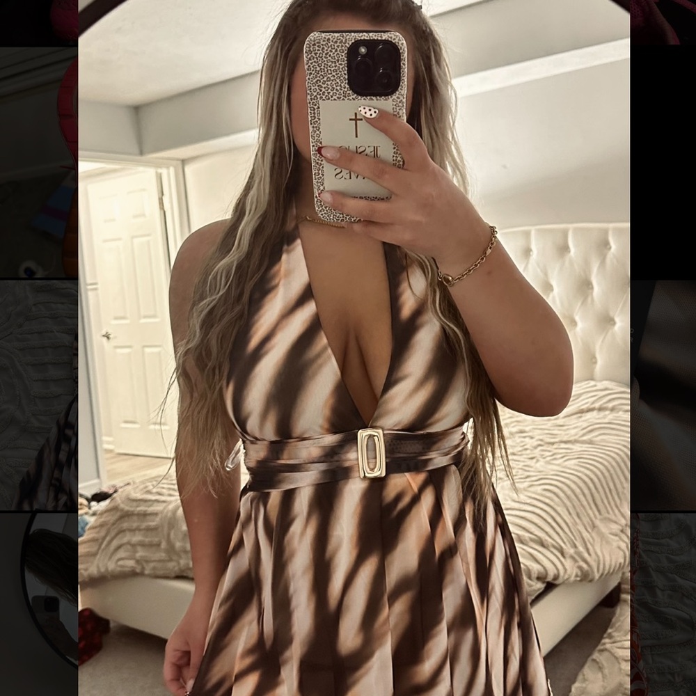 Fashion Nova Brown and Cream Backless Dress